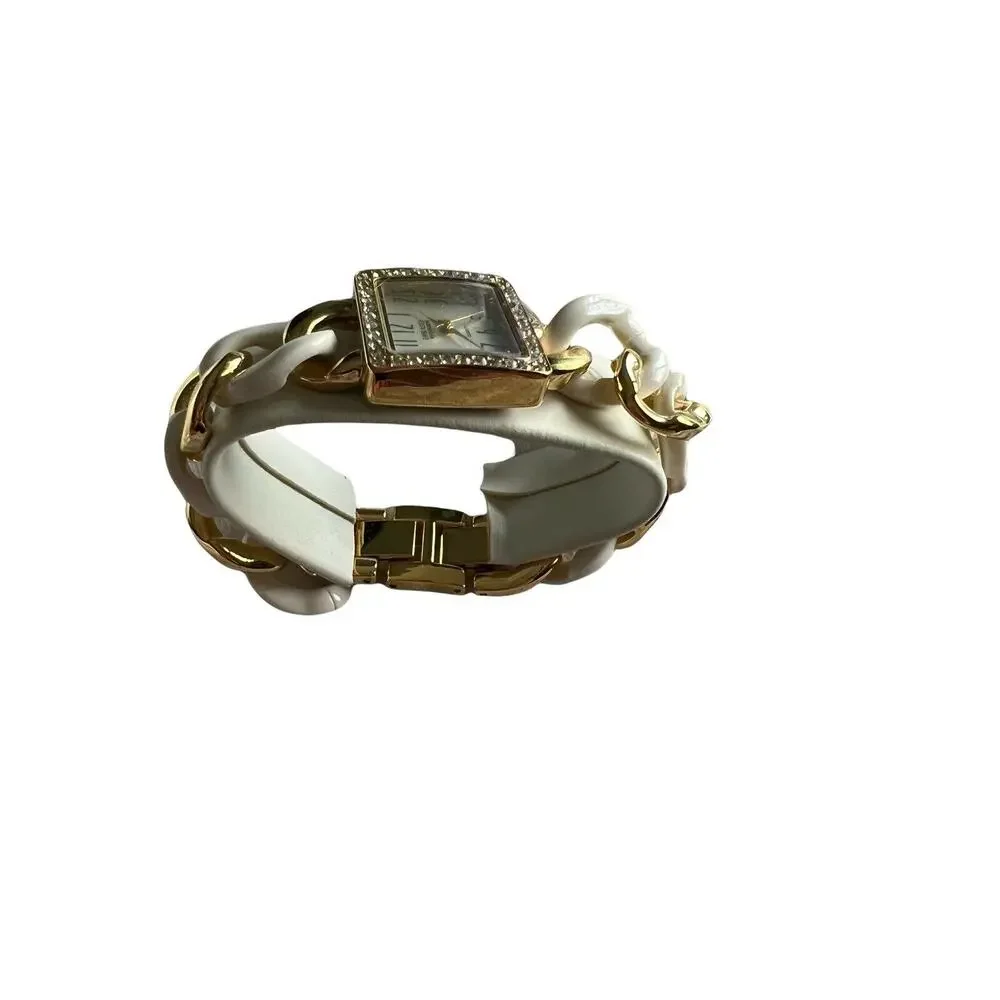 Embassy by Gruen Women's Watch Gold White Chain Link Cuff Rhinestone Square NIB